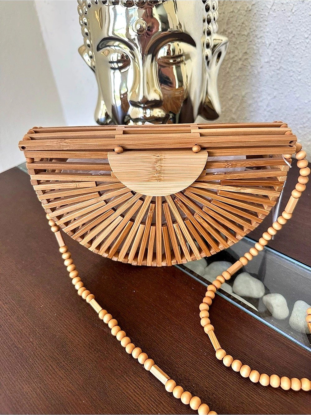 Wooden Bamboo Beaded Clutch in Brown